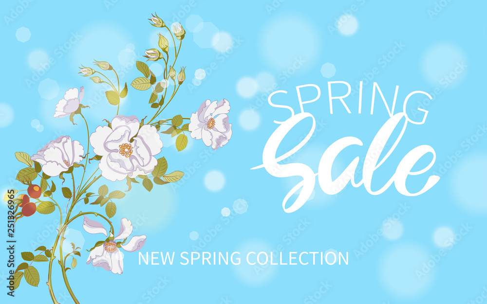 Inscription Spring Sale with white wild rose