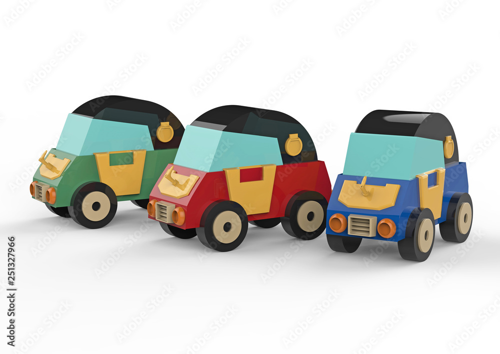 Three cartoon cars on a white background. 3d illustration