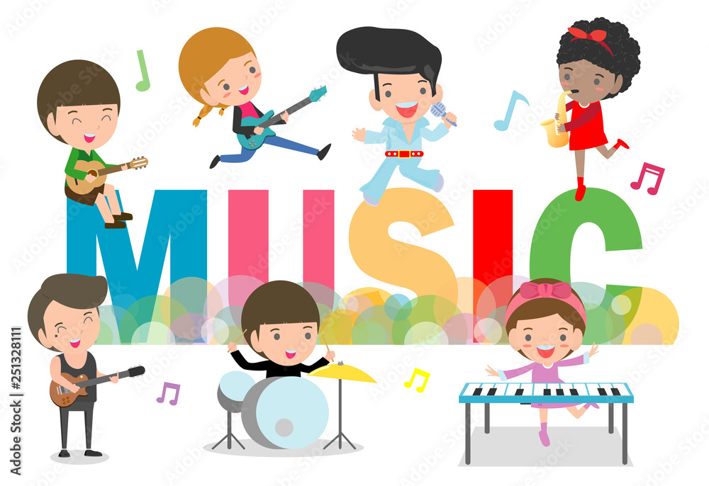 Play music concept of children group. Kids playing musical instruments,  cute child musician various actions playing  big Letter. vector  illustration isolated on white background. Stock Vector | Adobe Stock