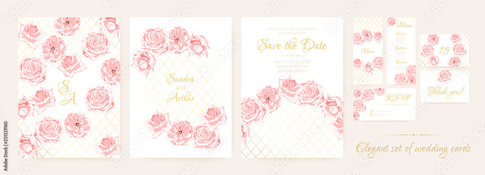 Wedding Cards Set with Delicate Pink Roses.