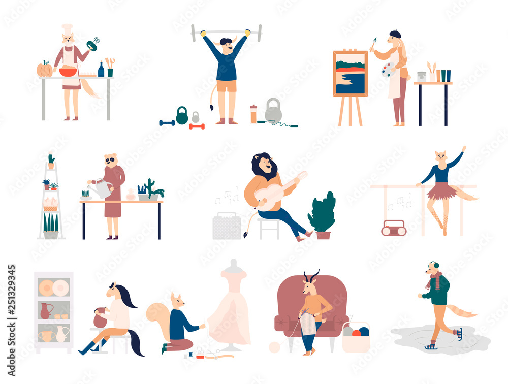 Colorful flat style of various animals doing different sports and hobbies on white background. Set of animals having different hobbies