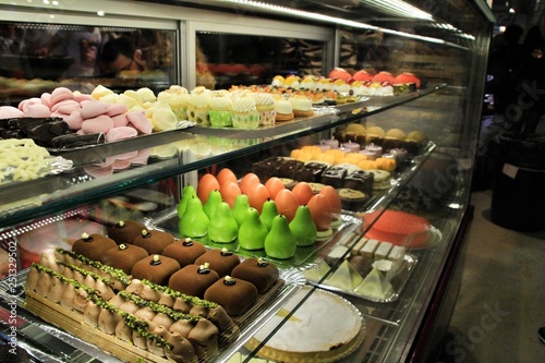 Tray of cakes and sweets in a pastry shop