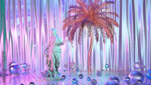 Creative 4k video in web-punk and vaporwave style with sculpture, balls, palm and holographic elements . Loop 3d animation.