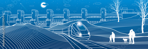 Urban life. People at rail station. Train goes along the lake bank. Hydro power plant at background. River Dam, energy station, water power. Vector design art