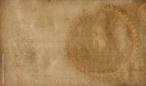 Vintage clock background, old time retro steampunk canvas paper map