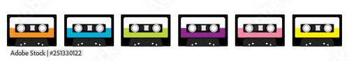 Plastic audio tape cassette. Retro music icon set line. Recording element. 80s 90s years. Different colors template. Flat design. White background. Isolated.