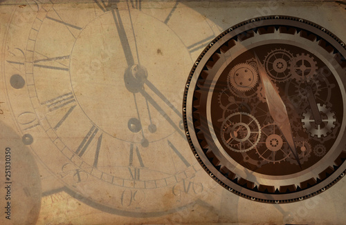 Vintage clock background, old time retro steampunk canvas paper map © magerram