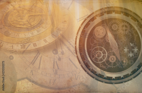 Vintage clock background, old time retro steampunk canvas paper map