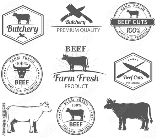 logos for butcher shop and graphic outline cows