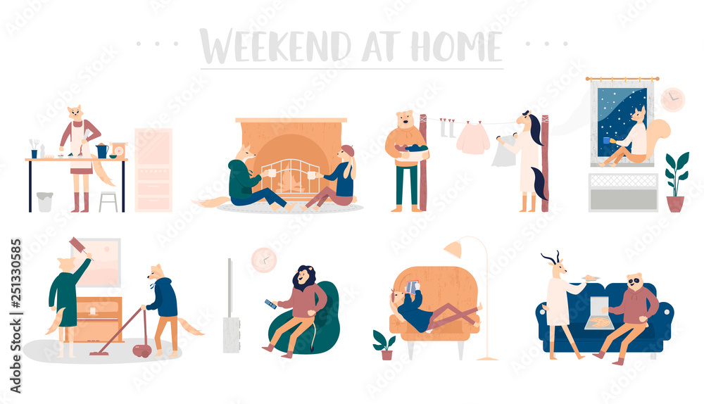Set of young men and women spending weekend at home. Talk by the fireplace, cook together food, wash things, clean the apartment, watch TV, read a book and eat together pizza concepts in cartoon