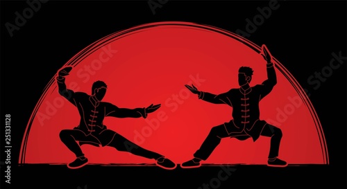 Men pose ready to fight Kung Fu action cartoon graphic vector.