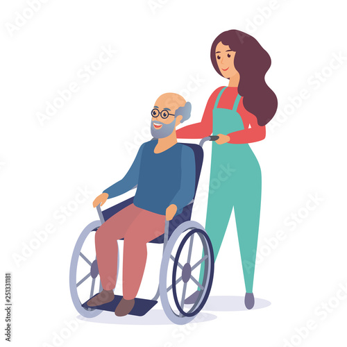 Young woman social worker strolling with old senior man in wheelchair cartoon vector illustration.