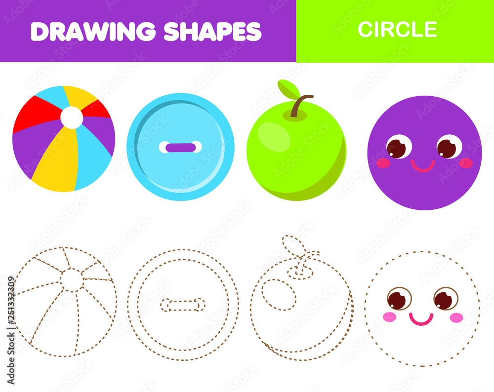 Learning geometric shapes for kids. Circle. Handwriting practice figures and forms. Educational worksheet for children and toddlers. Learning geometric shapes for kids. Circle. Handwriting practice figures and forms. Educational worksheet for children and toddlers.