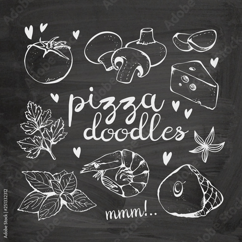 Pizza ingredients doodles, vector collection on chalkboard background