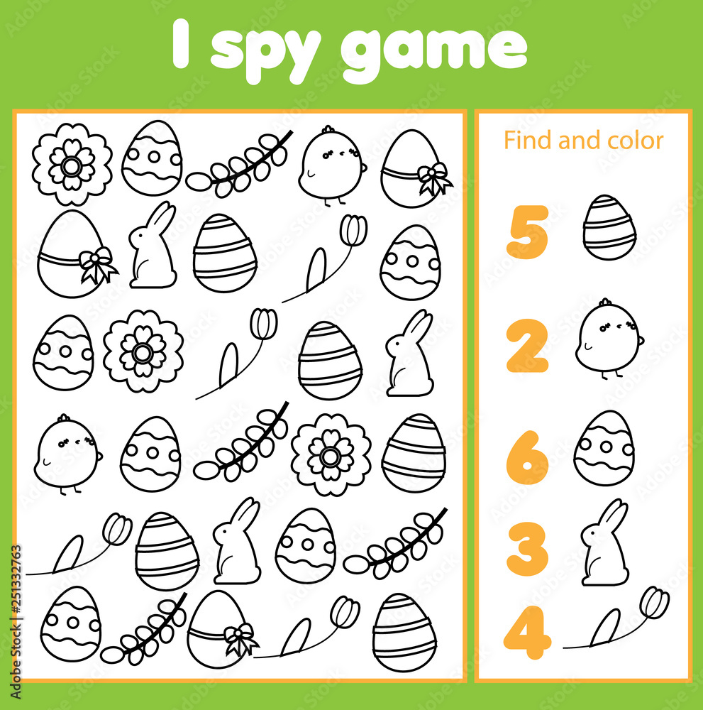 Educational children game. I spy sheet for toddlers. Find and count Easter icons. Early educations for kids