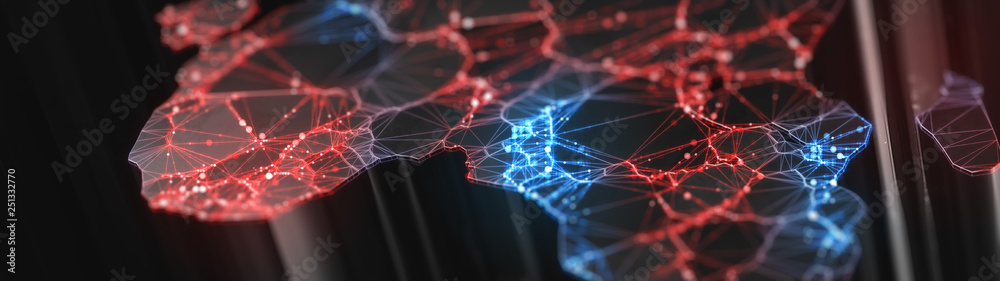 Digital mainlands from space. Cities and countries connected by plexus light lines. Virtual continents. Creative technology, ultra wide background. Concept of transfering information. 3d rendering Digital mainlands from space. Cities and countries connected by plexus light lines. Virtual continents. Creative technology, ultra wide background. Concept of transfering information. 3d rendering