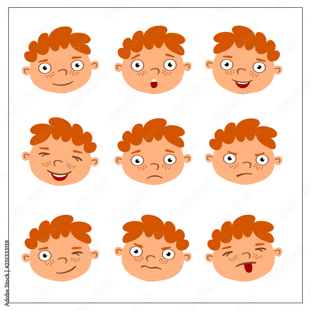 Funny faces of a little boy with different emotions in a cartoon style isolated on white background Funny faces of a little boy with different emotions in a cartoon style isolated on white background