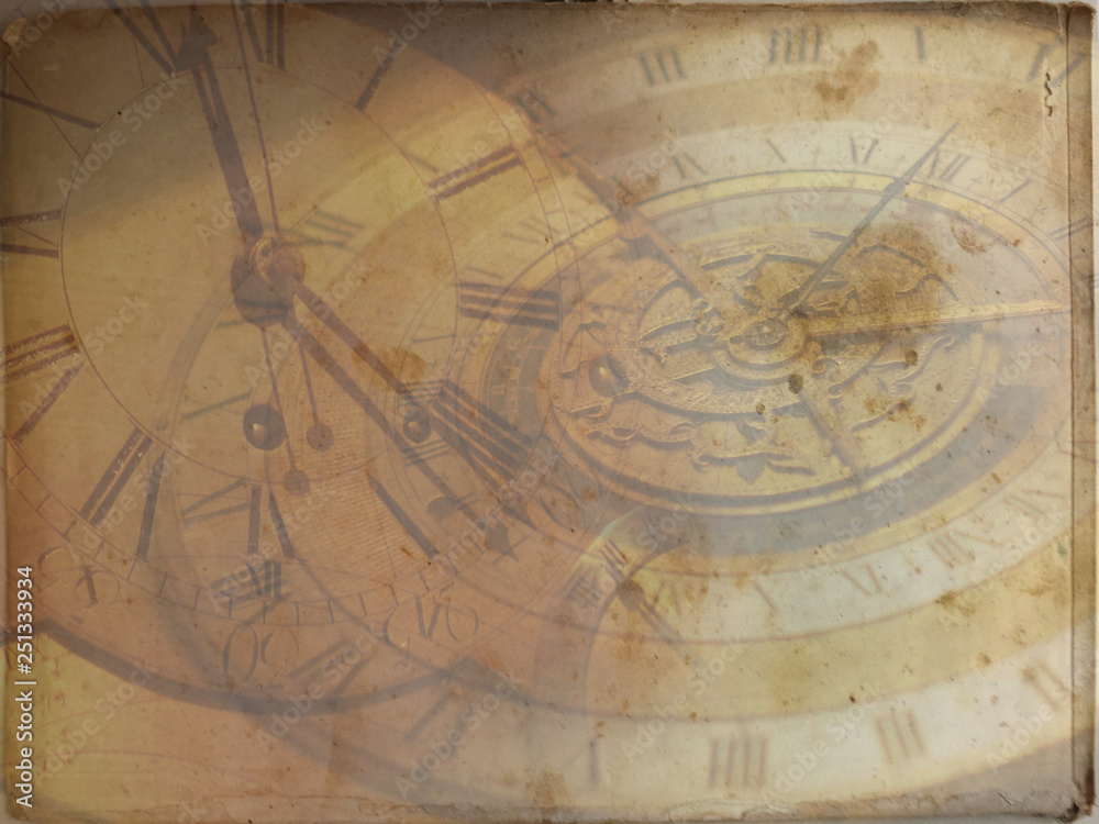 Vintage clock background, old time retro steampunk canvas paper map