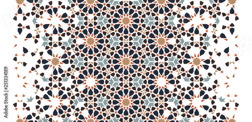 Arabesque seamless vector pattern. Geometric halftone texture with color tile disintegration or breaking