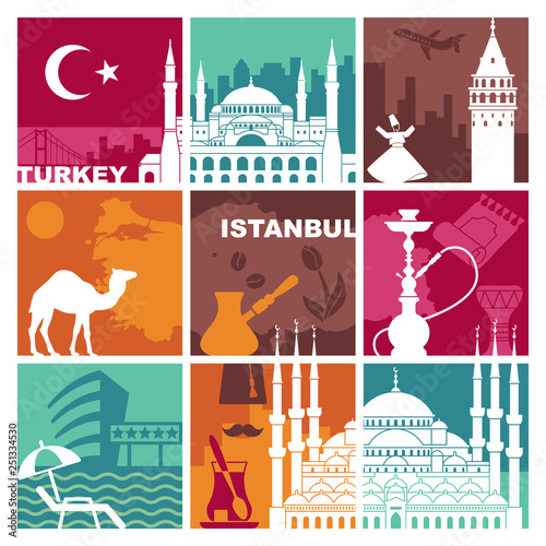 Fototapeta Traditional symbols of Turkey and Istanbul. Vector illustration