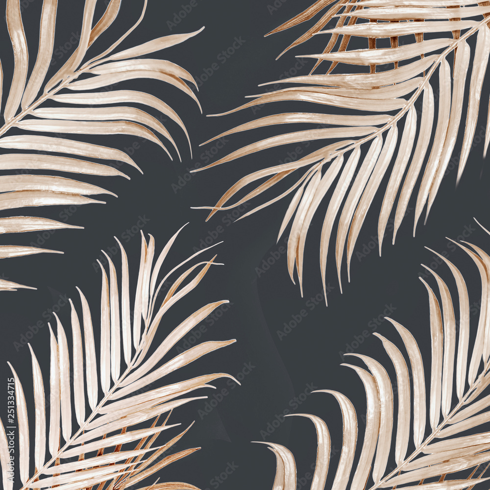 Fototapeta glamour. Lekkie złote tropikalne liście palm na ciemnym tle