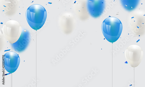 blue balloons, vector illustration. Confetti and ribbons, Celebration background