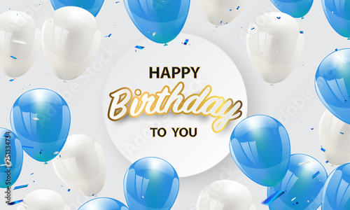 Happy birthday vector Celebration party banner Golden foil confetti and white and glitter blue balloons.