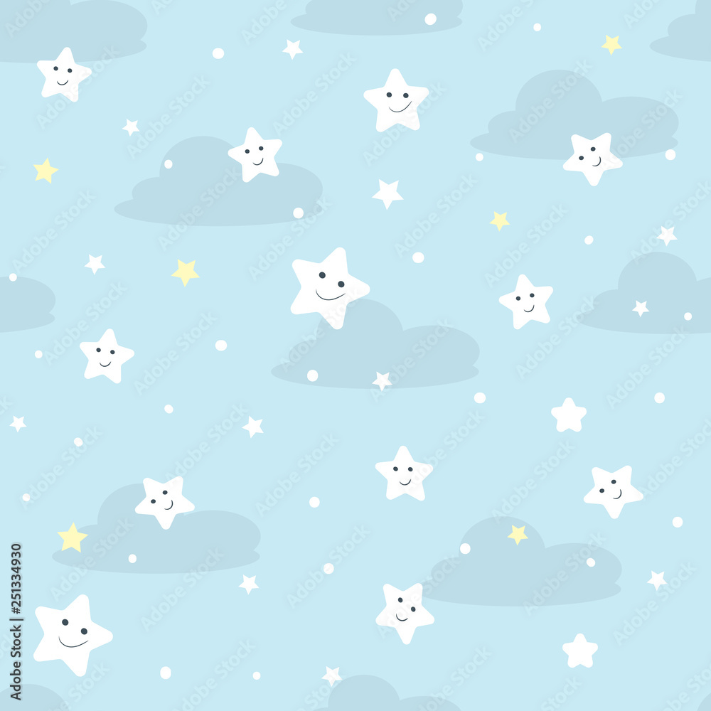 Cute clouds and stars with faces. Cartoon repeat seamless pattern for kids or baby shower. Vector illustration on pastel background. Best for kids, girl or boy. Cute clouds and stars with faces. Cartoon repeat seamless pattern for kids or baby shower. Vector illustration on pastel background. Best for kids, girl or boy.