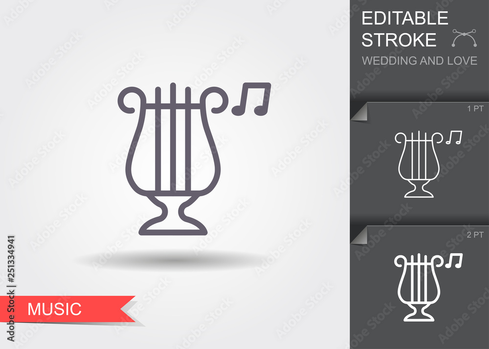 Classical harp. Line icon with shadow and editable stroke