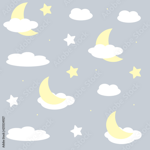 Cute clouds, moon and stars with faces. Cartoon repeat seamless pattern for kids or baby shower. Vector illustration on pastel background. Best for kids, girl or boy.
