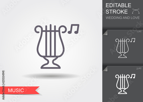 Classical harp. Line icon with shadow and editable stroke