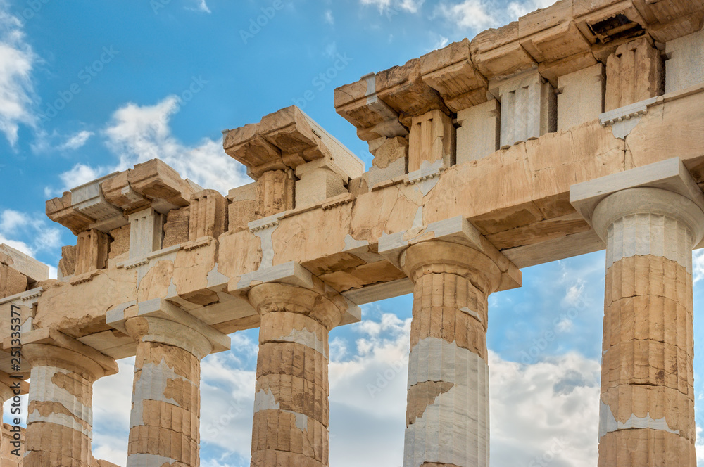 Fototapeta premium Fragment of the Parthenon with statues, an archaic temple located on the Acropolis of Athens, built in 438 BC in Athens, Greece