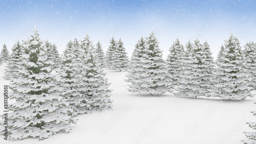 Fototapeta premium Christmas winter landscape background. Falling snow and snow covered pine trees