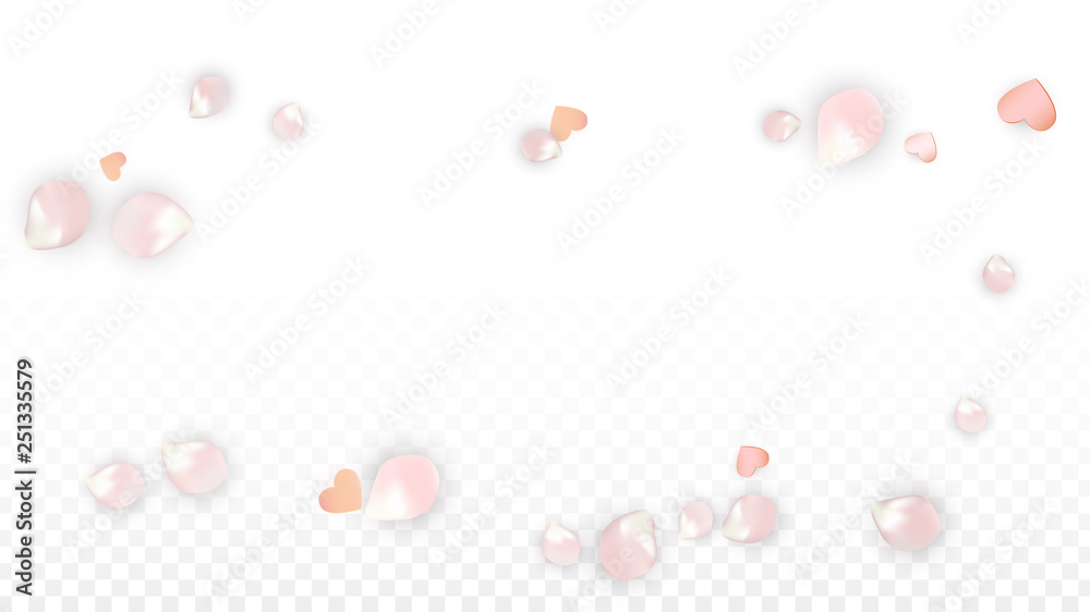 Vector Realistic Petals and Hearts Confetti. Flying Sakura and Hearts on Transparent Background. Wedding Invitation Background. Spring Romance Poster. Vector Illustration for Anniversary Design.