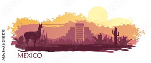 Stylized landscape of Mexico with a llama, cactuses and ancient pyramid.