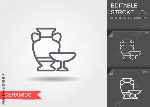 Ceramic vases. Line icon with shadow and editable stroke