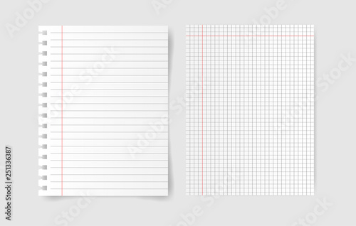 Notebook squared paper with blank note paper on gray background. Vector illustration
