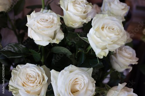 Delicate large bouquet of white roses. View from above