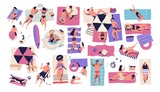 People lying on towels or blankets on beach or seashore and sunbathing, reading books, talking. Men, women and children relaxing at summer resort. Recreational activities. Flat vector illustration.