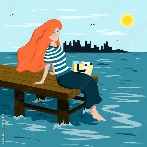 Lonely red-haired girl sitting on the edge of the pier and watching the sea. Illustration in flat style.