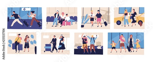 Collection of scenes with tourists going on summer vacation, journey or trip. Friends, young and elderly couples, families with kids with their baggage or luggage. Flat cartoon vector illustration.