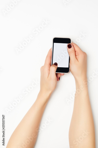 Woman hands on white background.