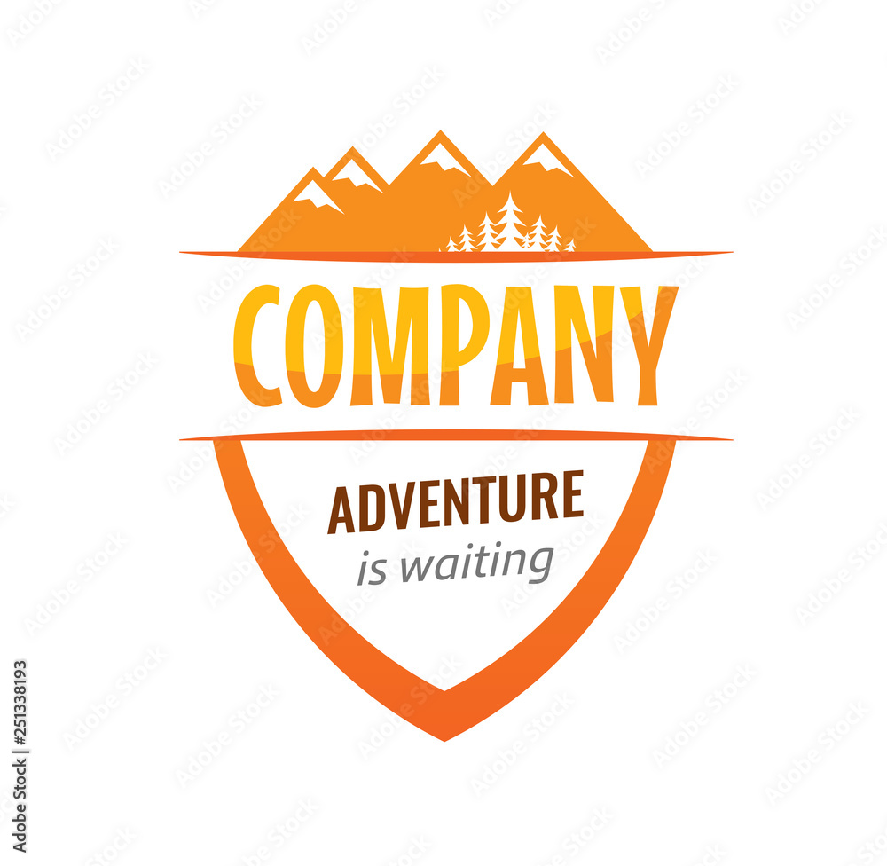 Badge, coat of arms for travel, expedition company. Vector emblem illustration with Mountains and forest isolated on white. Badge, coat of arms for travel, expedition company. Vector emblem illustration with Mountains and forest isolated on white.