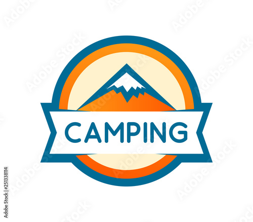 Vector badge round shape of Mountains Camping or Expedition isolated on white. Logo for travel camping, expedition and nature parks. Sticker or banner design template.