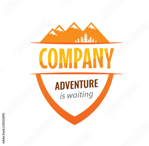 Badge, coat of arms for travel, expedition company. Vector emblem illustration with Mountains and forest isolated on white.