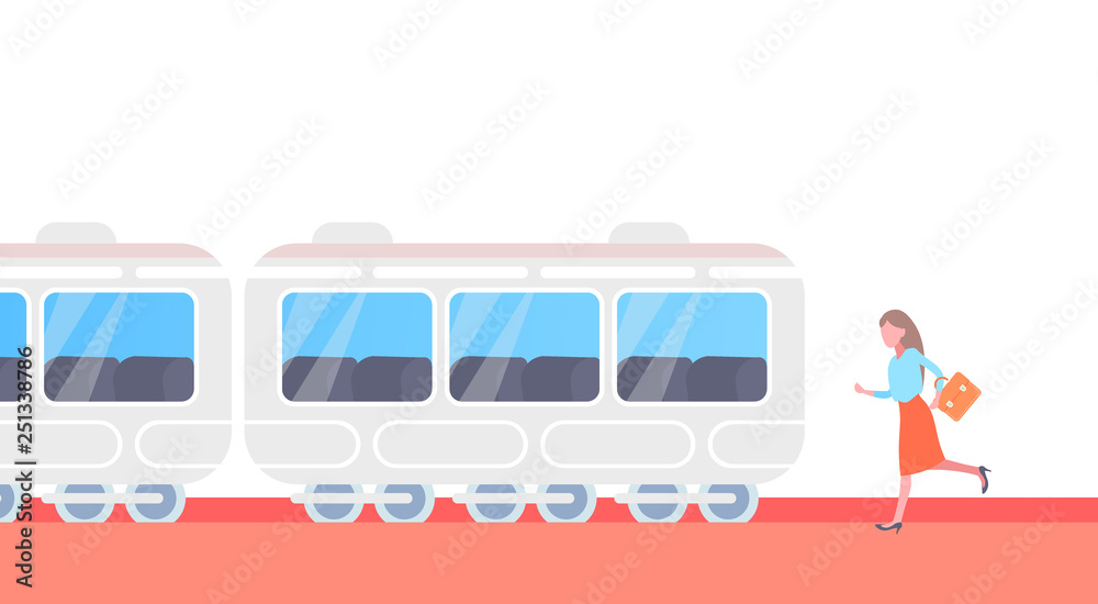 businesswoman running to catch train subway city public transport underground tram hurry up late concept female cartoon character full length horizontal