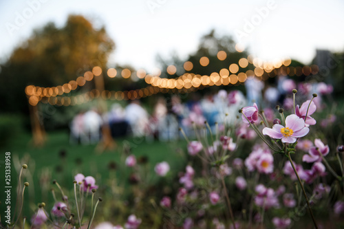 Some pink flowers are at the foreground. A lot of tables with some guests sitting behind them are at the background. photo