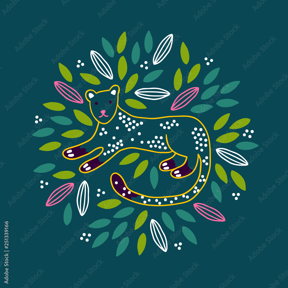 Jungle greeting card with leopard, leaves and dots. Circle ornament.