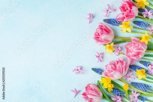 Colorful beautiful spring flowers on pastel table top view. Greeting card for International Women Day. Flat lay.