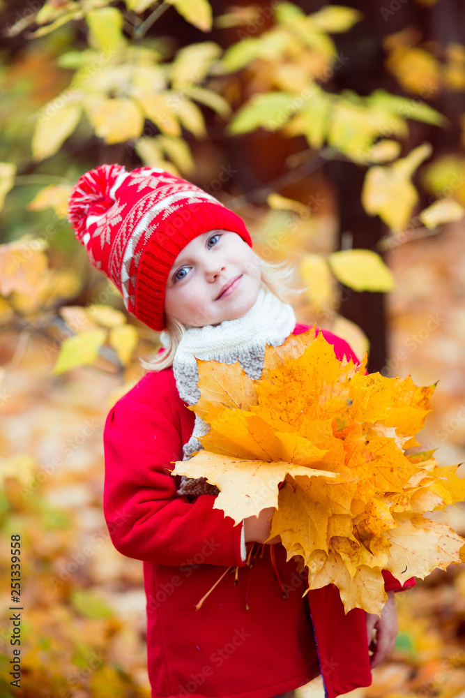 little girl 4 years old in a red hat and coat walking in autumn park in October, during the golden autumn with a bouquet of yellow maple leaves smiling little girl 4 years old in a red hat and coat walking in autumn park in October, during the golden autumn with a bouquet of yellow maple leaves smiling